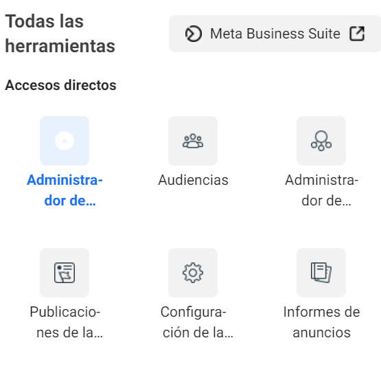 Pantalla de herramientas de Meta Business Suite para configurar la métrica de Hook Rate en Facebook Ads