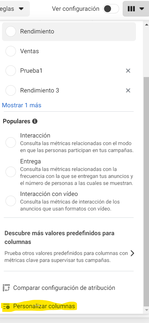 Pantalla de configuración de columnas en Meta Business Suite para personalizar métricas
