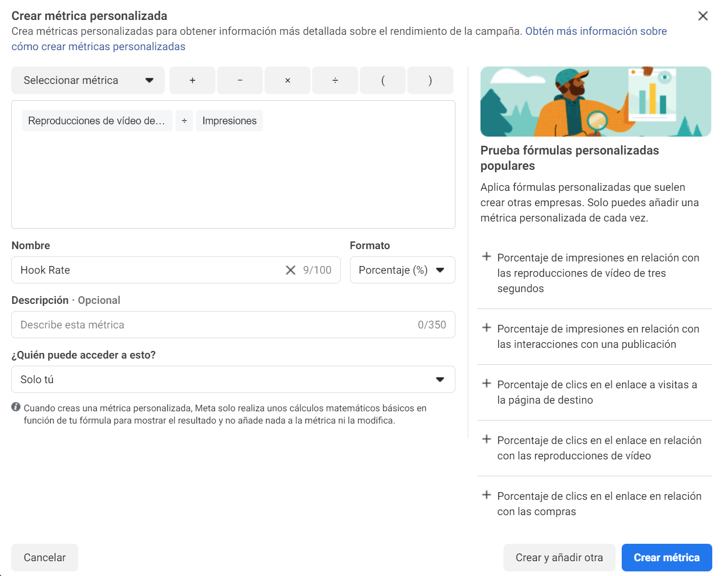 Pantalla de creación de métrica personalizada en Meta Business Suite para definir el Hook Rate