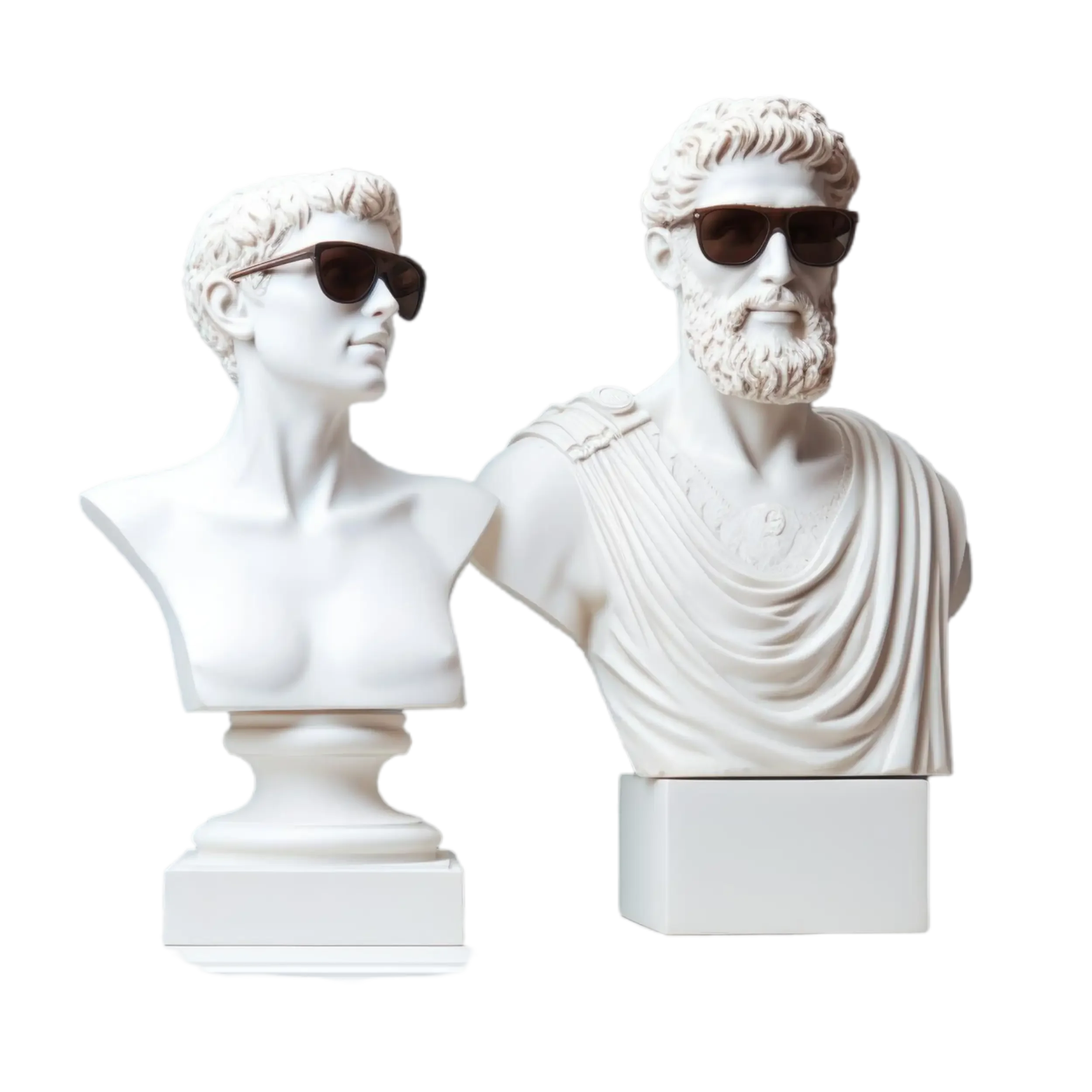 Videos UGC para Agencias - Creatividad y Originalidad Dos estatuas clásicas con gafas de sol, simbolizando videos UGC para agencias