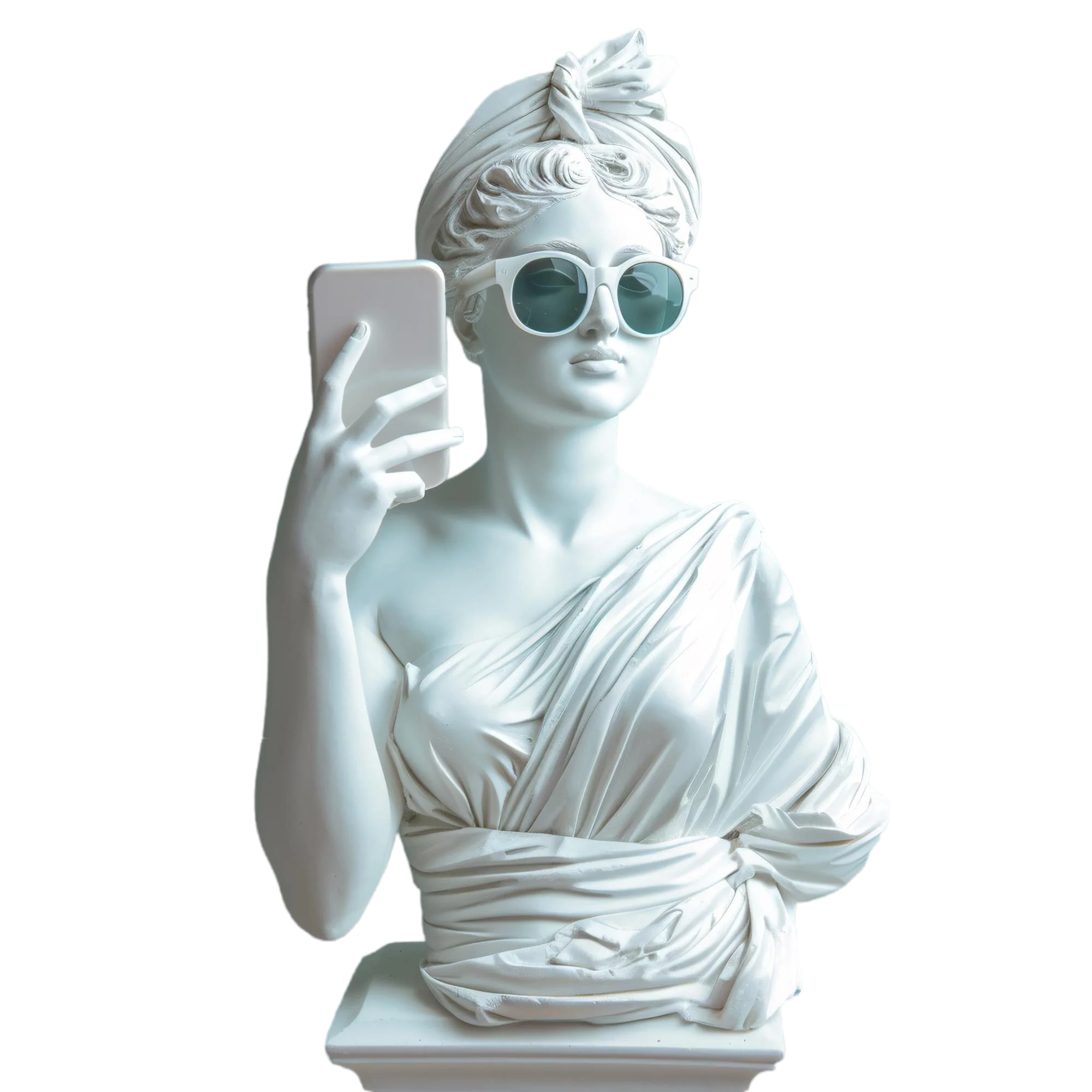 Estatua antigua con gafas de sol sosteniendo un teléfono inteligente - Agencia UGC