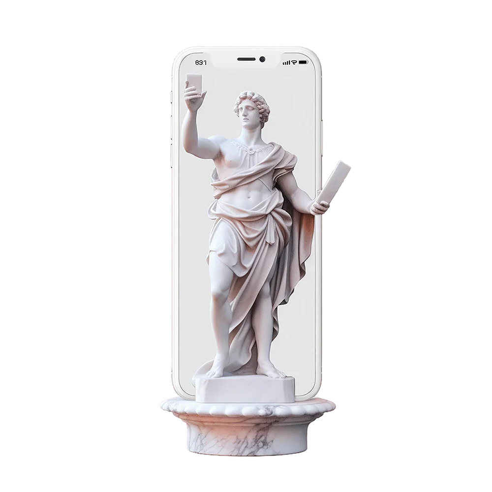 Estatua griega clásica emergiendo de un teléfono inteligente - Agencia UGC