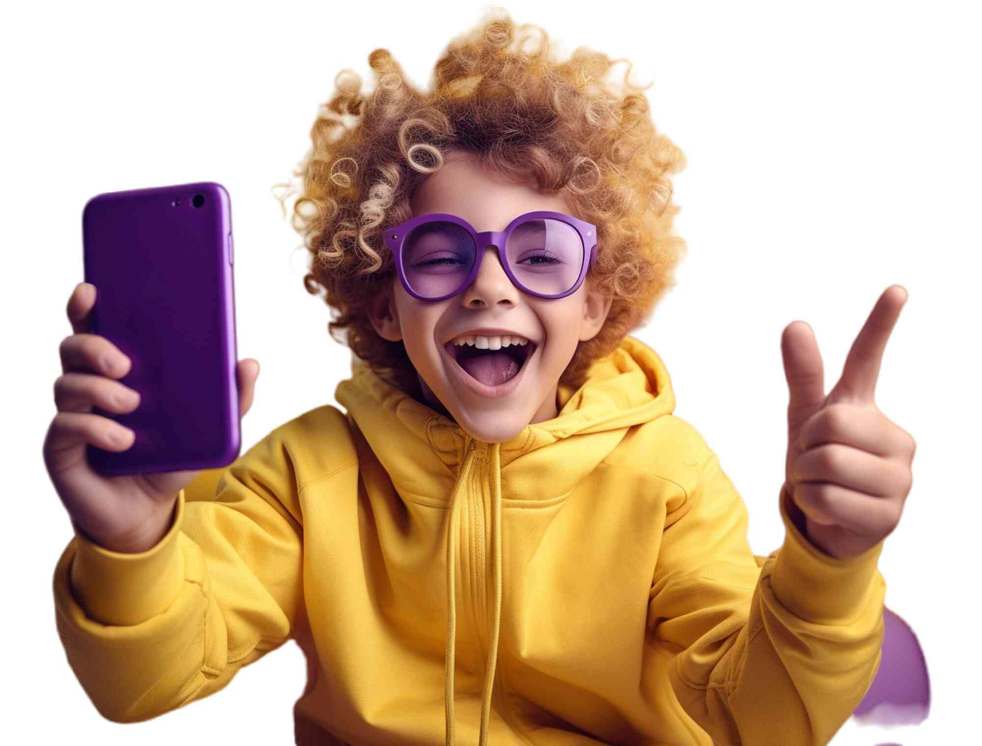 Niño con gafas moradas y sudadera amarilla sosteniendo un smartphone - Aplicar la Fórmula del Hook Rate