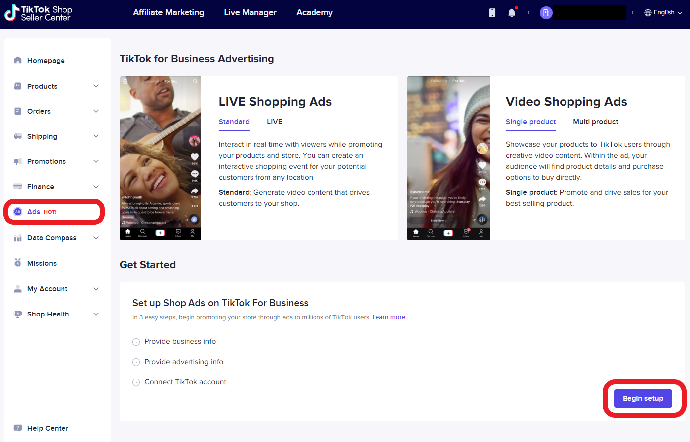 Panel de control de anuncios en TikTok Shop Seller Center para campañas publicitarias
