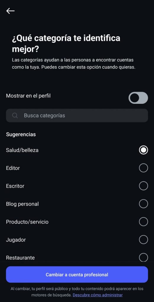 Convertir Cuenta IG Profesional y seleccionar categoria